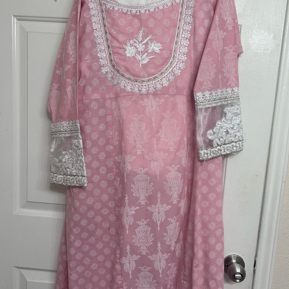 Pink Embroidered Dress with White Accents